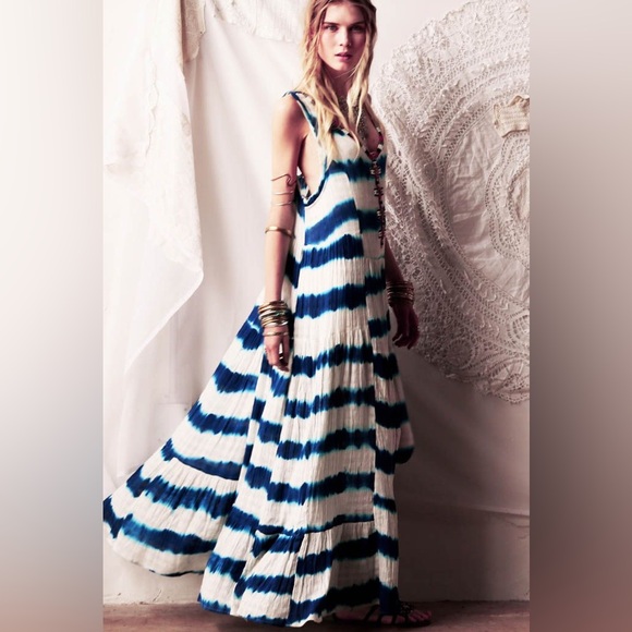 Free People gauze indigo dyed beaded  striped maxi dress XS - Picture 1 of 11